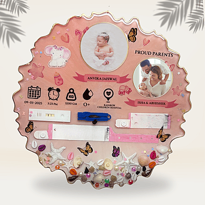 Handmade Baby Birth Details Preservation Resin Frame Pink | Baby & Parents Photos | Personalised Beach Theme Keepsake with Gold Finish Metal Stand