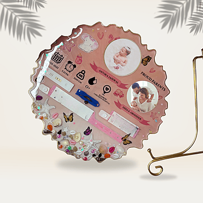 Handmade Baby Birth Details Preservation Resin Frame | 10 Inch | Baby & Parents Photos | Personalised Beach Theme Keepsake with Gold Finish Metal Stand