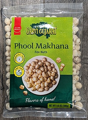 100g bag of Garvi Phool Makhana, light and crunchy puffed lotus seeds for a healthy snack.