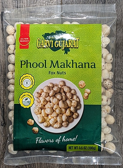 100g bag of Garvi Phool Makhana, light and crunchy puffed lotus seeds for a healthy snack.