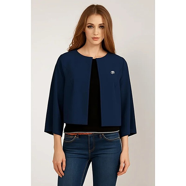 Women's Navy Blue Round Neck Buttonless Quarter Sleeve Coat
