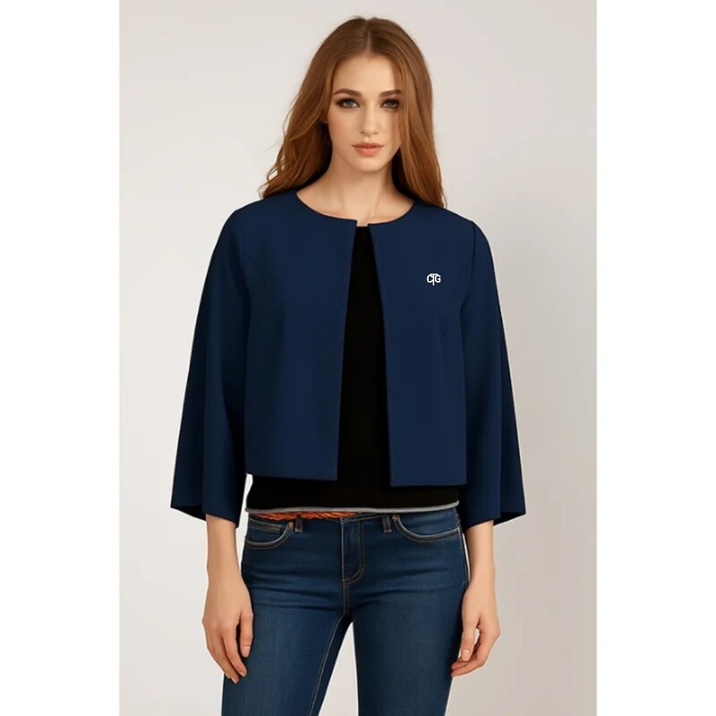 Women's Navy Blue Round Neck Buttonless Quarter Sleeve Coat
