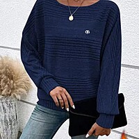Women's Casual Solid Color Long Sleeved Round Neck Knitted Pullover Sweater