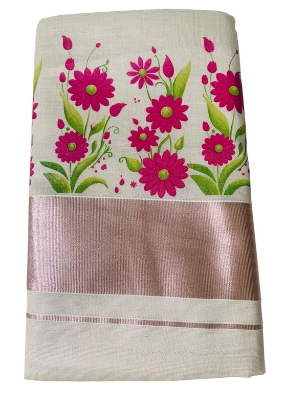ALLUVY Kuthampully Kerala Saree |Traditional South Indian Sarees |Onam Tissue Cotton Kasavu Saree | Authentic South Cultural Sarees With Running Blouse | Mural Hand Printed Saree | EKM-505 Pack -1