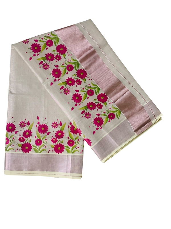 ALLUVY Kuthampully Kerala Saree |Traditional South Indian Sarees |Onam Tissue Cotton Kasavu Saree | Authentic South Cultural Sarees With Running Blouse | Mural Hand Printed Saree | EKM-505 Pack -1