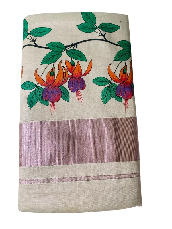 Kuthampully Kerala Saree |Traditional South Indian Sarees |Onam Cotton Kasavu Saree |Authentic South Cultural Sarees With Running Blouse | Mural Hand Printed Kasavu Saree | EKM-507 Pack -1