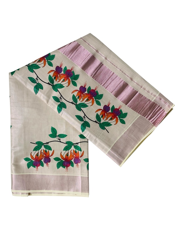 Kuthampully Kerala Saree |Traditional South Indian Sarees |Onam Cotton Kasavu Saree |Authentic South Cultural Sarees With Running Blouse | Mural Hand Printed Kasavu Saree | EKM-507 Pack -1