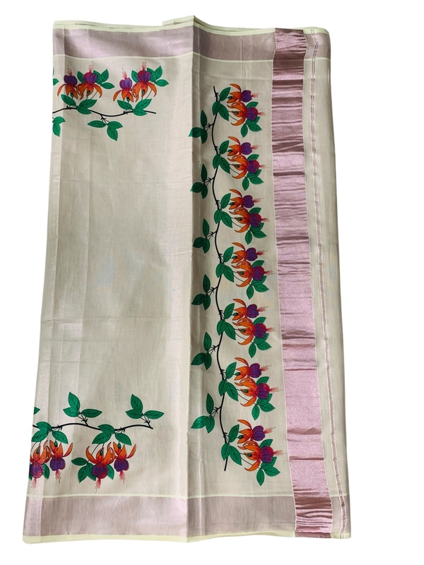 Kuthampully Kerala Saree |Traditional South Indian Sarees |Onam Cotton Kasavu Saree |Authentic South Cultural Sarees With Running Blouse | Mural Hand Printed Kasavu Saree | EKM-507 Pack -1