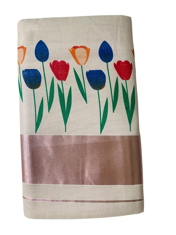 Kuthampully Kerala Saree |Traditional South Indian Sarees |Onam Cotton Kasavu Saree |Authentic South Cultural Sarees With Running Blouse | Mural Hand Printed Kasavu Saree | EKM-508 Pack -1