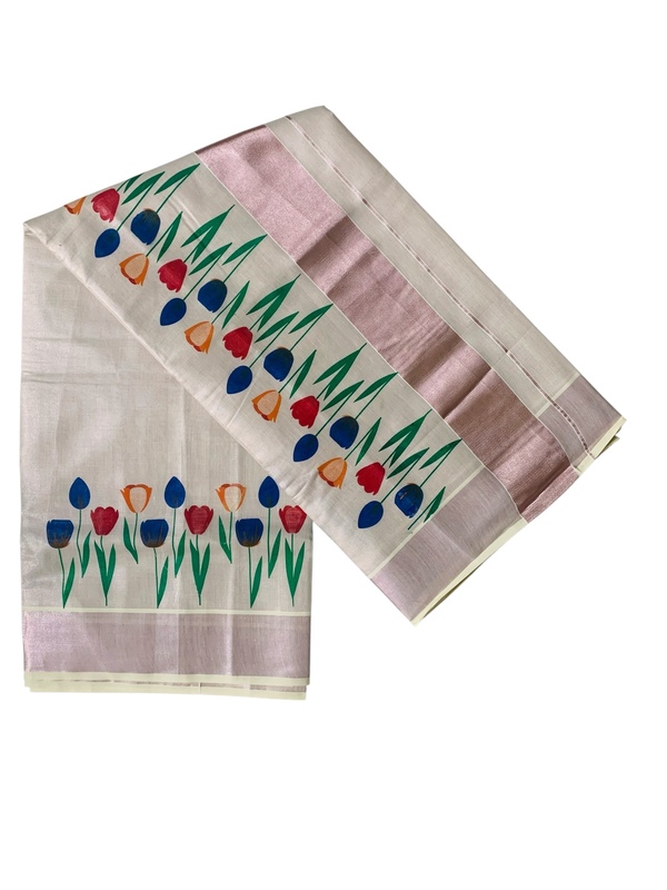 Kuthampully Kerala Saree |Traditional South Indian Sarees |Onam Cotton Kasavu Saree |Authentic South Cultural Sarees With Running Blouse | Mural Hand Printed Kasavu Saree | EKM-508 Pack -1