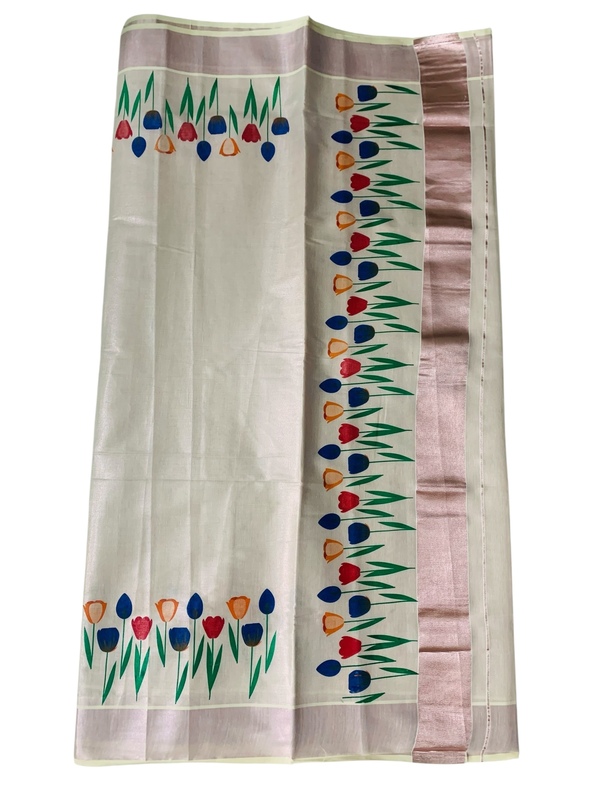 Kuthampully Kerala Saree |Traditional South Indian Sarees |Onam Cotton Kasavu Saree |Authentic South Cultural Sarees With Running Blouse | Mural Hand Printed Kasavu Saree | EKM-508 Pack -1