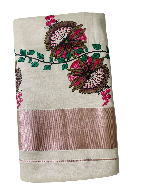 Kuthampully Kerala Saree |Traditional South Indian Sarees |Onam Cotton Kasavu Saree |Authentic South Cultural Sarees With Running Blouse | Mural Hand Printed Kasavu Saree | EKM-498 Pack -1