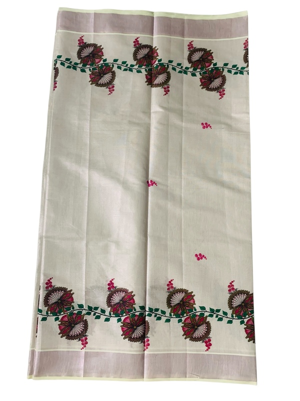 Kuthampully Kerala Saree |Traditional South Indian Sarees |Onam Cotton Kasavu Saree |Authentic South Cultural Sarees With Running Blouse | Mural Hand Printed Kasavu Saree | EKM-498 Pack -1