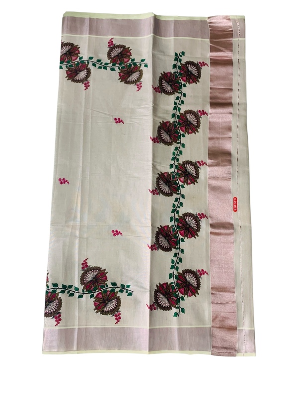 Kuthampully Kerala Saree |Traditional South Indian Sarees |Onam Cotton Kasavu Saree |Authentic South Cultural Sarees With Running Blouse | Mural Hand Printed Kasavu Saree | EKM-498 Pack -1