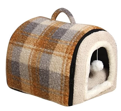 Cozy Plaid Pet House Bed with Toy