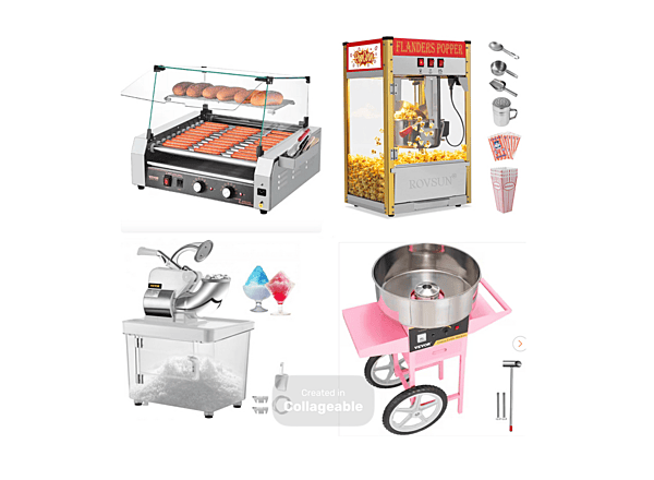Popcorn, Snow-Cone & Hotdog Machines Package / Paquete de máquinas de palomitas de maíz, cono de nieve y hotdog