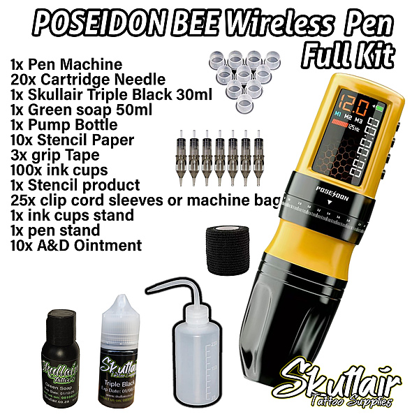 POSEIDON BEE Wireless Tattoo Pen – Honeycomb LED Full Tattoo Kit POSEIDON BEE Wireless Tattoo Pen – Honeycomb LED Full Tattoo Kit