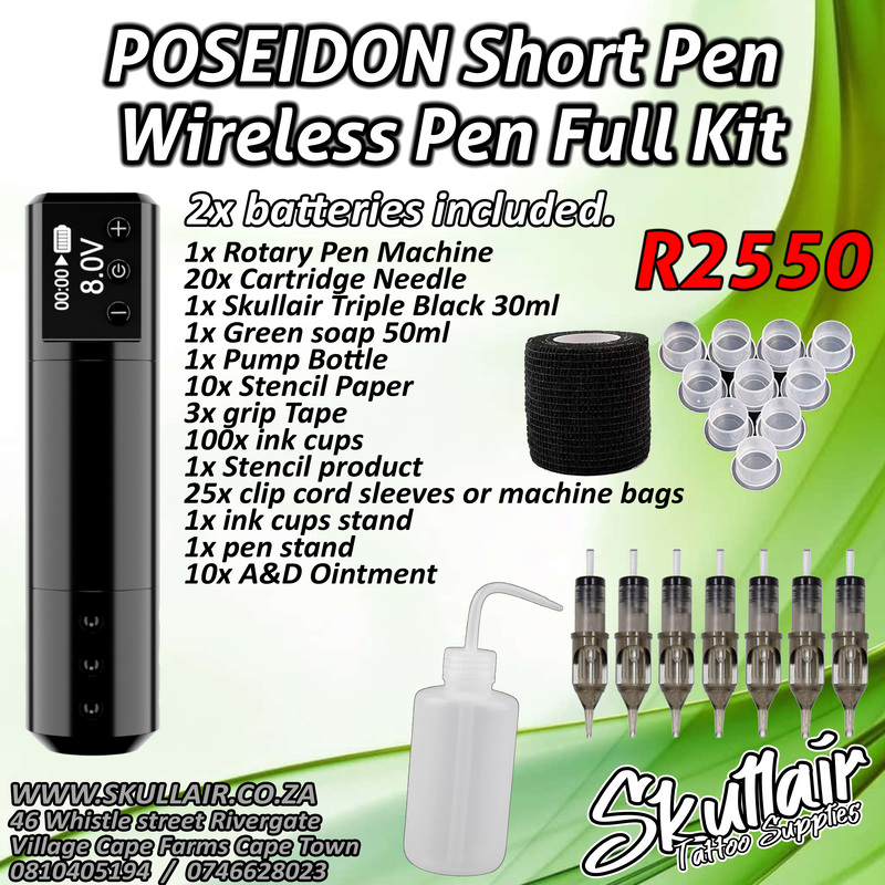 Poseidon short pen  wireless tattoo pen + extra battery Full Kit