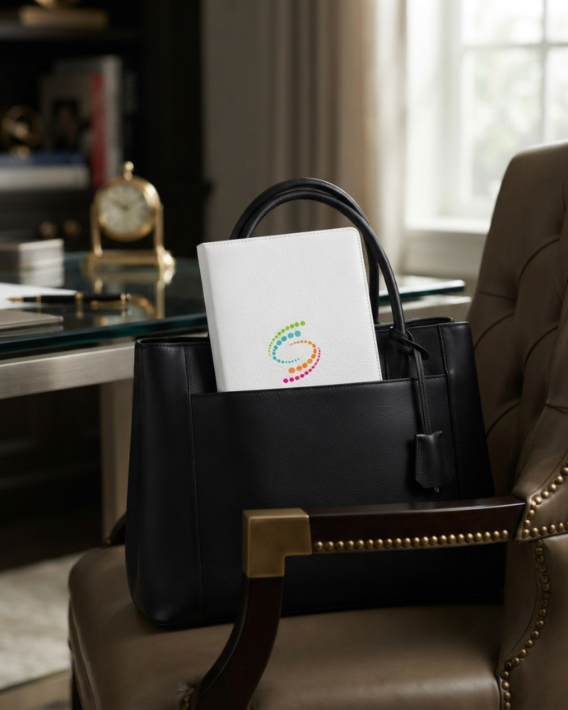 White Prestige Collection Meeting Notebook with custom color logo printed on the faux-leather cover