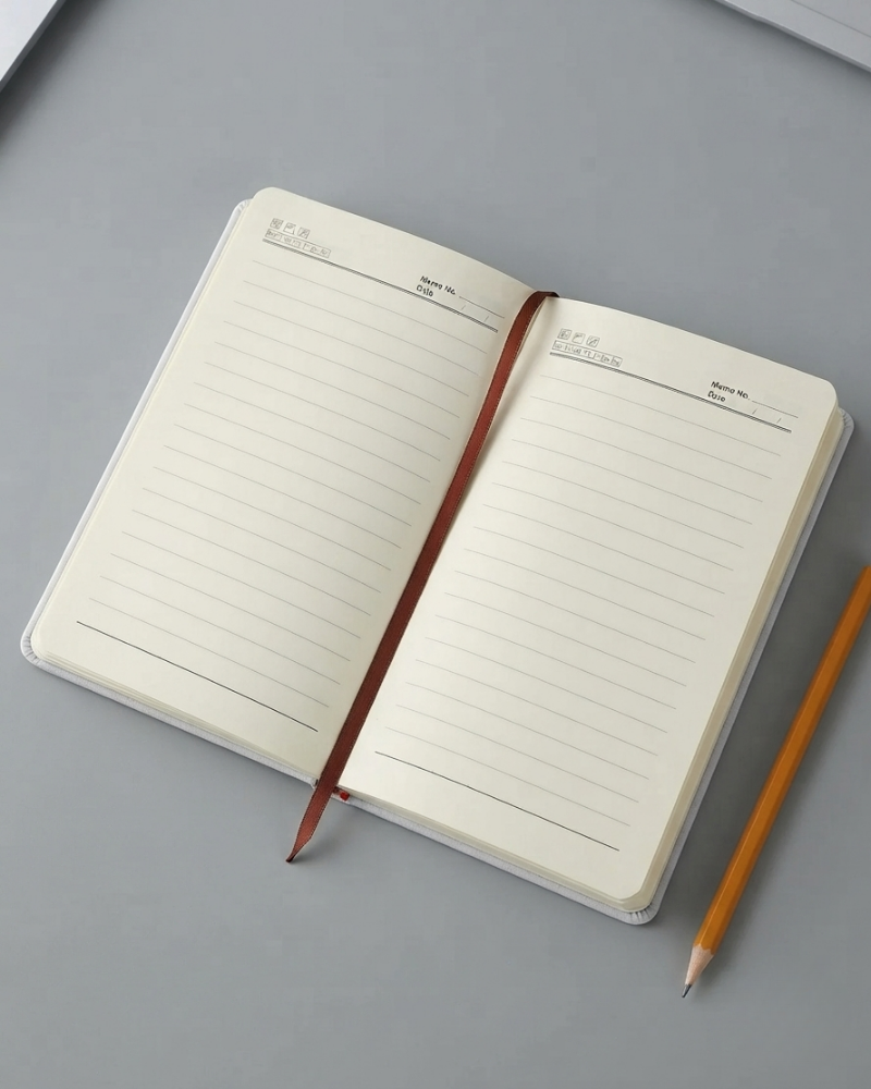 White Prestige Collection Meeting Notebook with custom color logo printed on the faux-leather cover