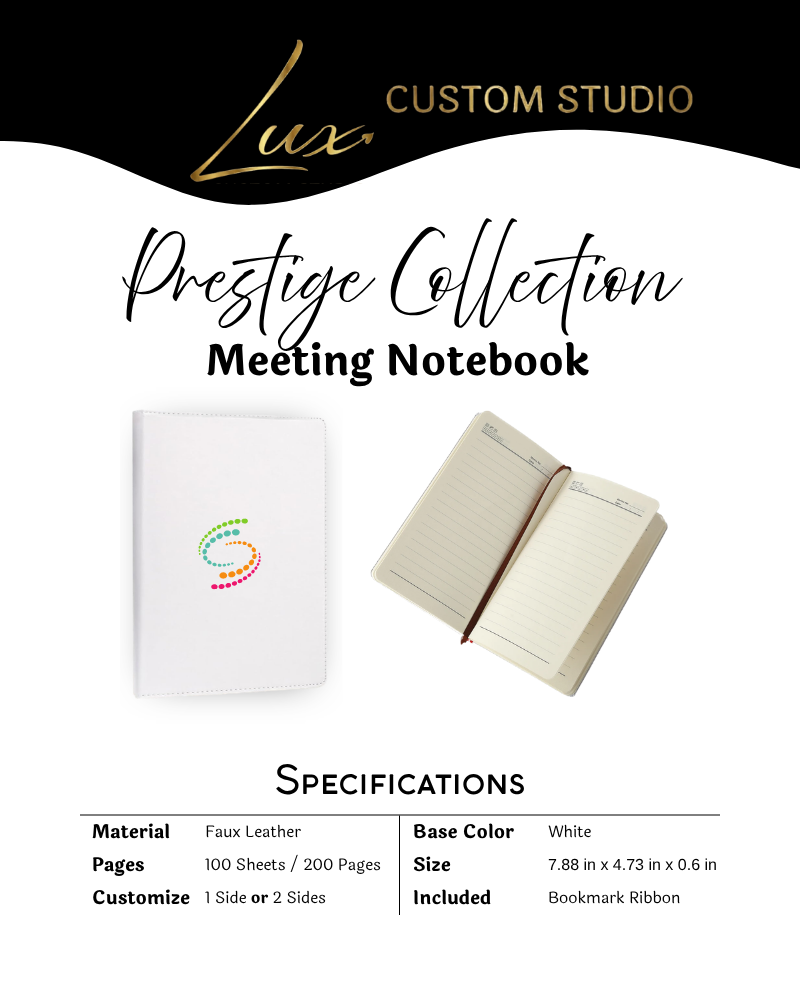 White Prestige Collection Meeting Notebook with custom color logo printed on the faux-leather cover