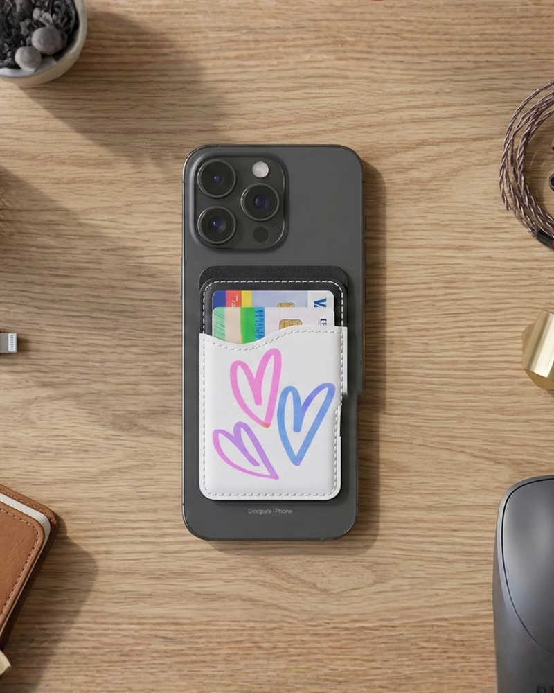 Custom Prestige Collection faux-leather phone card wallet with custom front attached to a smartphone
