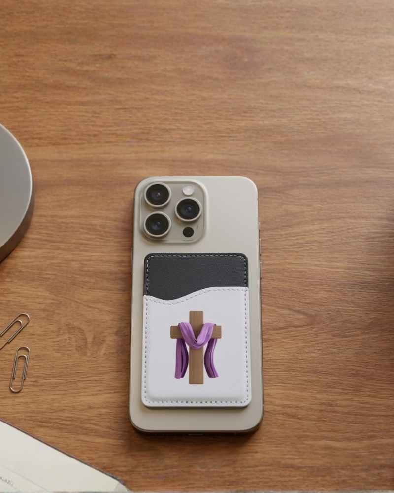 Custom Prestige Collection faux-leather phone card wallet with custom front attached to a smartphone