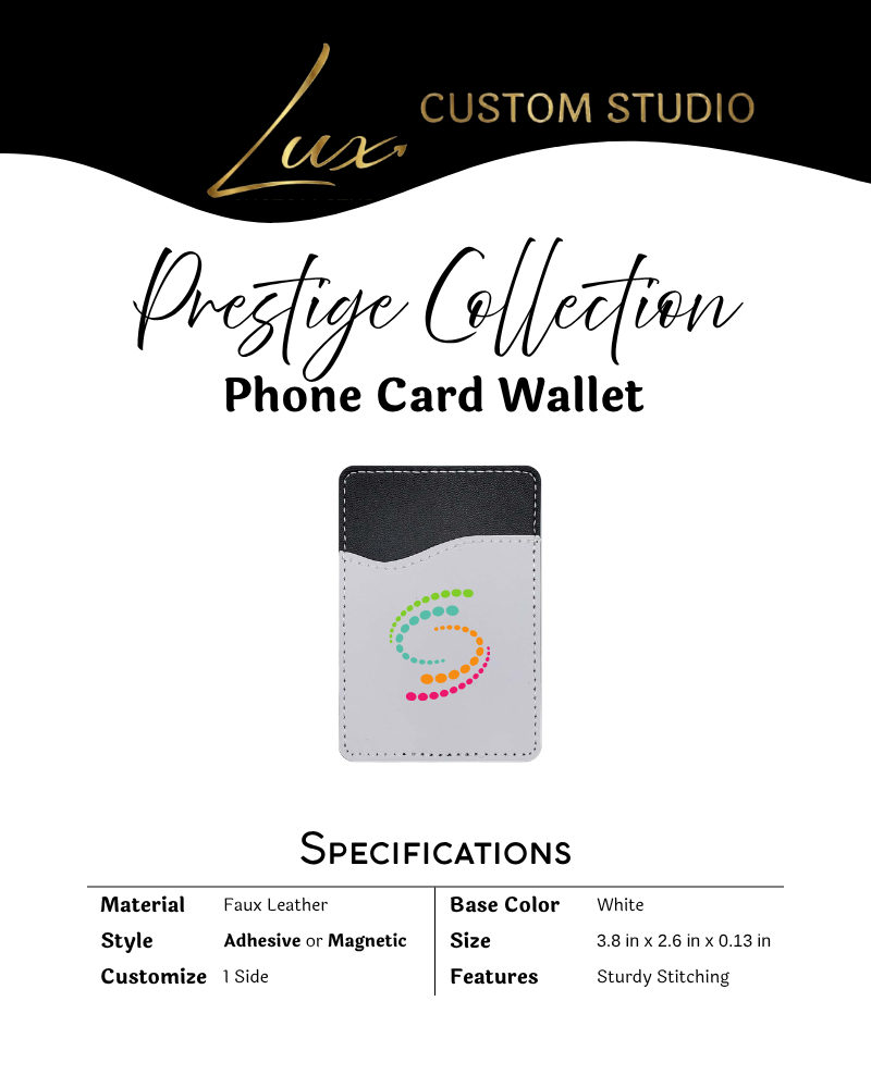 Custom Prestige Collection faux-leather phone card wallet with custom front attached to a smartphone
