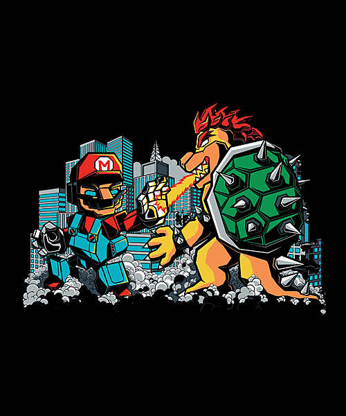 Mecha Mario vs. King Koopa – City Showdown Parody Black T-Shirt