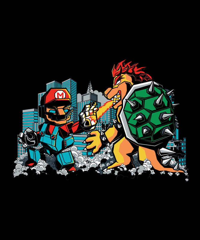 Mecha Mario vs. King Koopa – City Showdown Parody Black T-Shirt