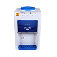 Front view of the Atlantis Prime countertop water cooler with a 20-liter bottle on top. Front view of the Atlantis Prime countertop water cooler with a 20-liter bottle on top.