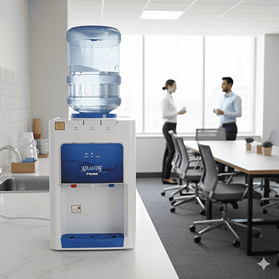 Atlantis Prime hot/cold water dispenser with a 20-liter bottle mounted on top in an office setting.