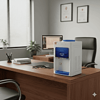 Atlantis Prime water dispenser pouring chilled water into a glass on a marble countertop.