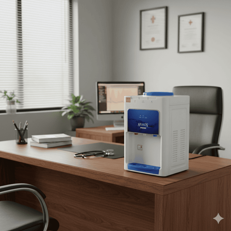 Atlantis Prime water dispenser pouring chilled water into a glass on a marble countertop.