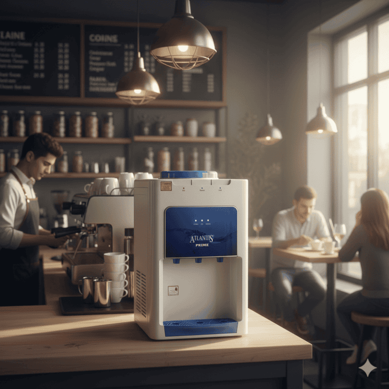 Portable Atlantis Prime tabletop water dispenser showing the easy-to-clean removable drip tray.