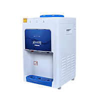 Compact Atlantis Prime water cooler sitting on a kitchen counter with a blue and grey modern design.