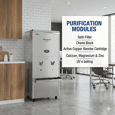 Aquaguard Pro Pure Chill 80 SS UV+CUZN purifier featuring Copper and Zinc enrichment. Aquaguard Pro Pure Chill 80 SS UV+CUZN purifier featuring Copper and Zinc enrichment.