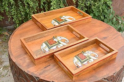 Wooden handpainted tray set of 3