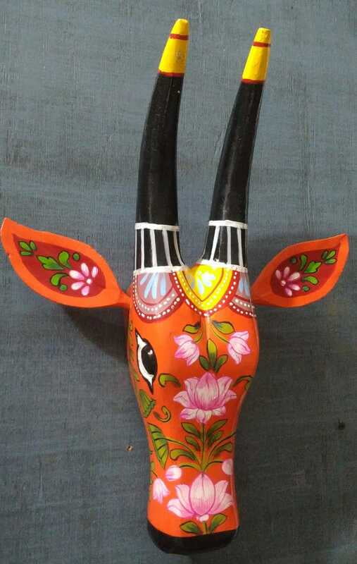 wooden painted cow head orange