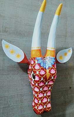 wooden painted cow head red