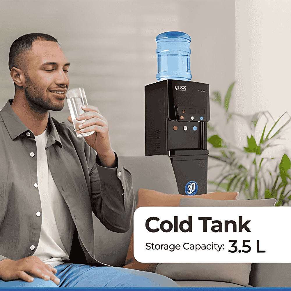 Professional Atlantis Blaque water dispenser in black standing against a neutral office wall.