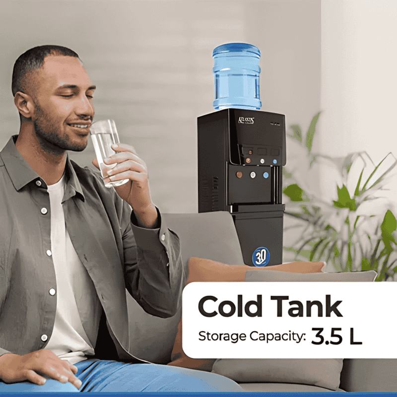 Professional Atlantis Blaque water dispenser in black standing against a neutral office wall.