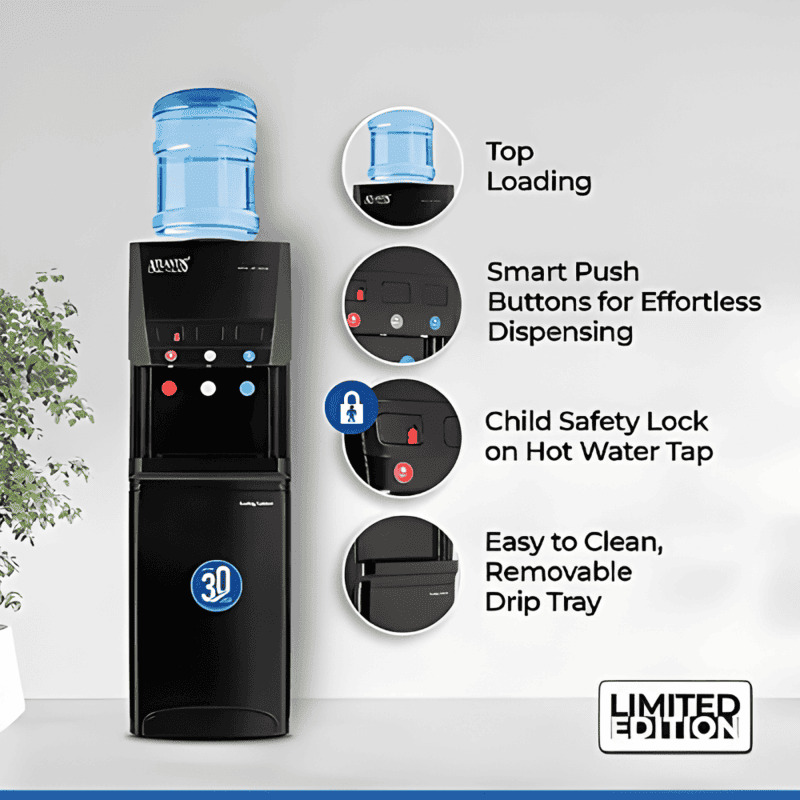 High-performance Atlantis Blaque floor standing water cooler with a built-in storage cabinet.