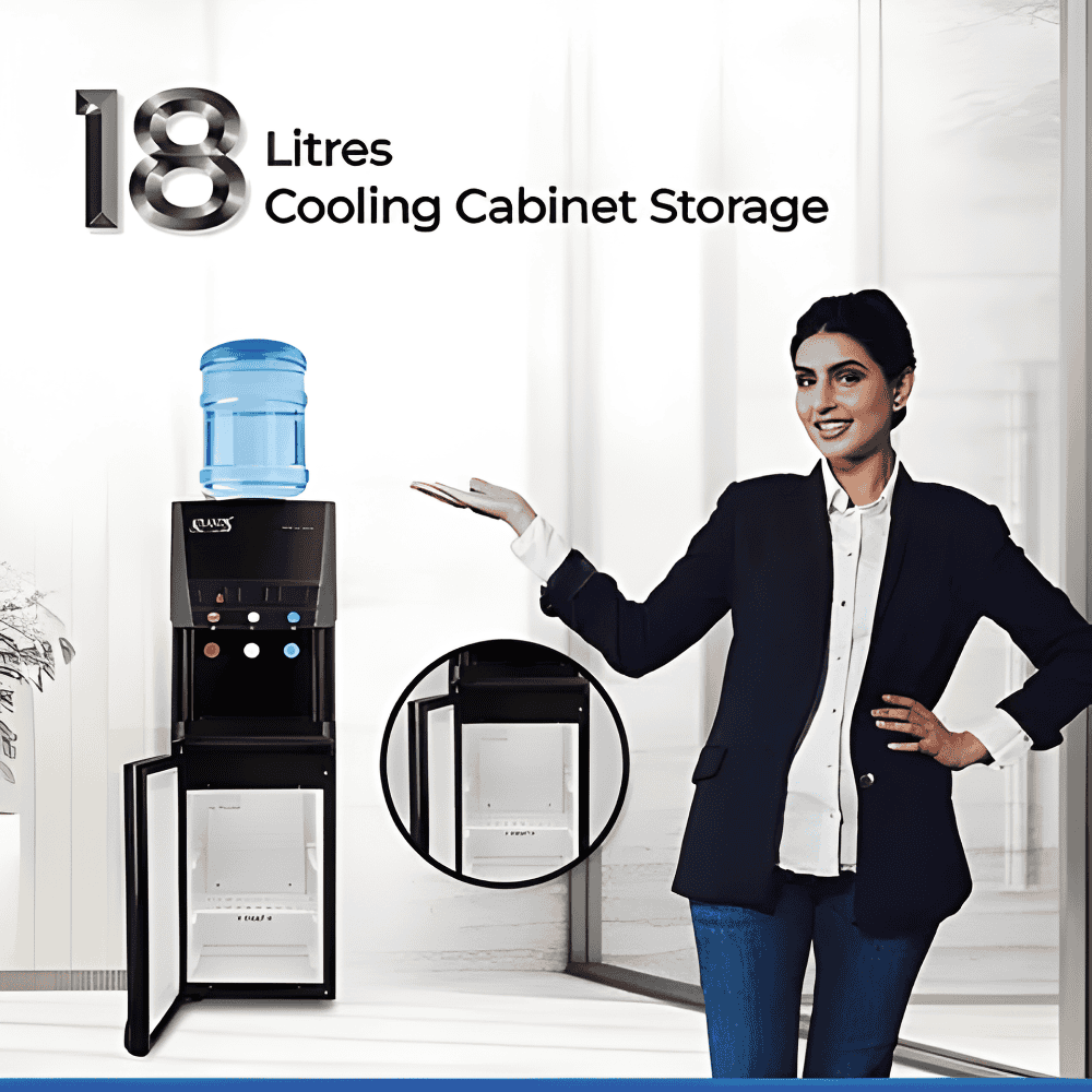 Atlantis Blaque water dispenser with 18 liter storage cabinet for chilled beverages.
