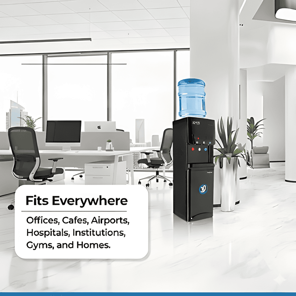 Stylish Atlantis Blaque bottled water dispenser standing in a contemporary kitchen setting.