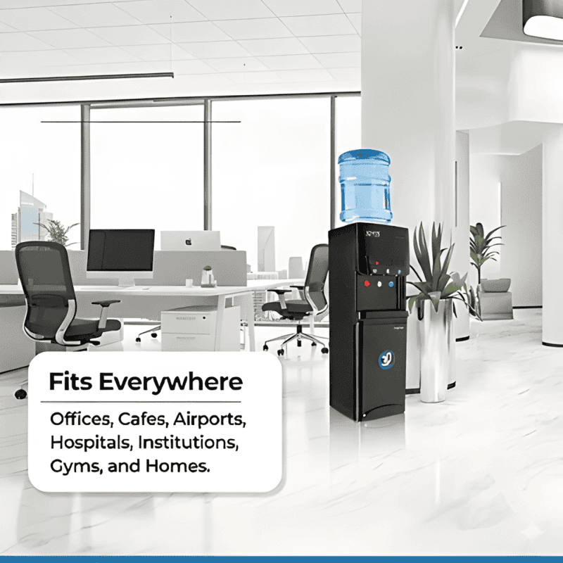 Stylish Atlantis Blaque bottled water dispenser standing in a contemporary kitchen setting.