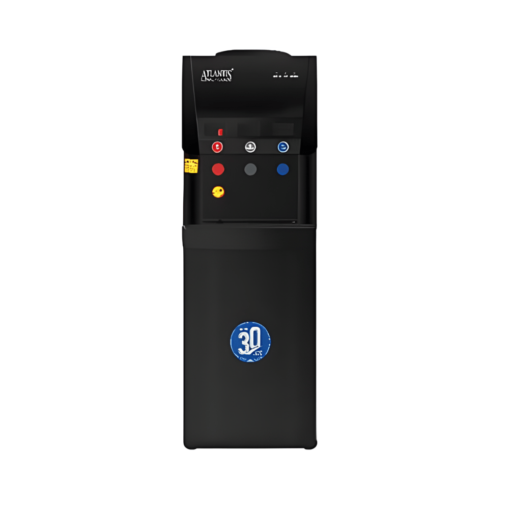 Front view of the Atlantis Blaque upright water cooler featuring dual taps for hot and cold water.