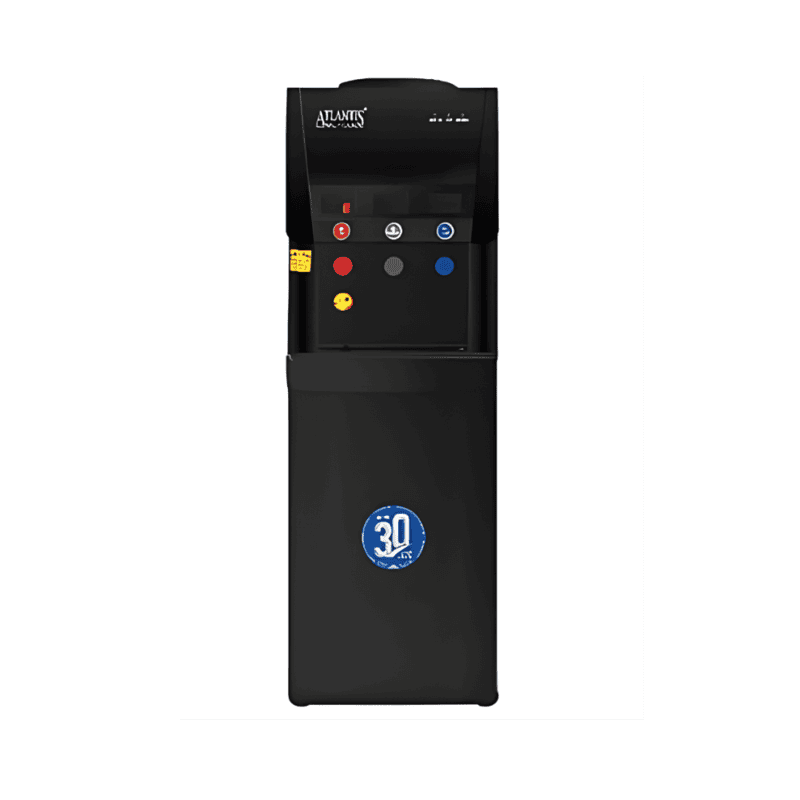 Front view of the Atlantis Blaque upright water cooler featuring dual taps for hot and cold water.