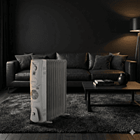 "Portable Usha 4213 F room heater placed on a wooden floor in a winter bedroom setting." "Portable Usha 4213 F room heater placed on a wooden floor in a winter bedroom setting."