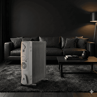 "Portable Usha 4213 F room heater placed on a wooden floor in a winter bedroom setting." "Portable Usha 4213 F room heater placed on a wooden floor in a winter bedroom setting."